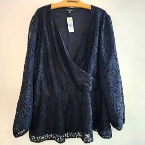 Lane Bryant Sheer Lace Lined Blouse Women's Size 26/28 Black Whimsy Goth Fairy